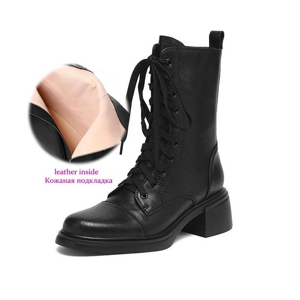 

Krazing Pot Cow Skin Round Toe Thick Heels Motorcycle Boots Size 42 Lace Up Women Keep Warm Mid-calf Boots 34