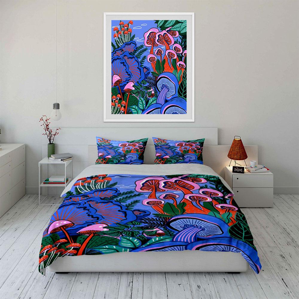 Vibrant Mushroom Forest Illustration Print Bedding Set 1 Duvet Cover 2 Pillowcases for Adult and Children Luxury Gift Full Size