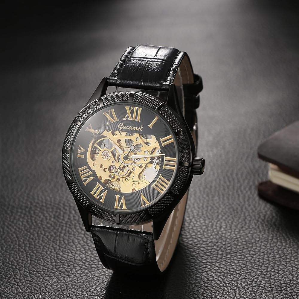 Men's Automatic Mechanical Watch Black Leather Strap Stainless Steel Luminous Roman Numerals Water Resistant Casual Wear
