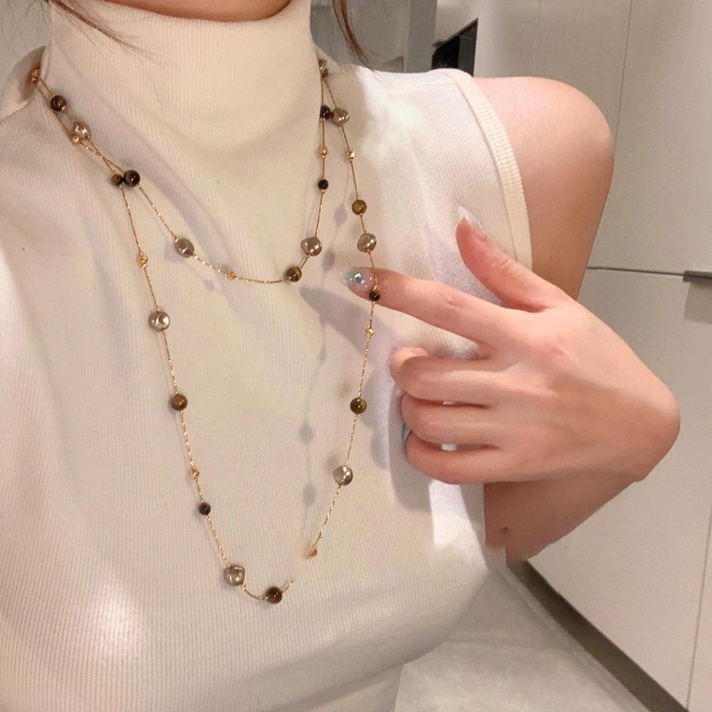 Maillard Tiger Eye Pearl Double Layer Retro Necklace - Versatile Autumn/Winter Sweater Chain