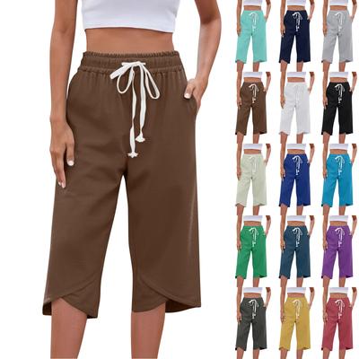 Women's Fashion Solid Color Drawstring Tight Waist Pocket Seven Quarter Casual Pants