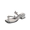 2025 Neu Quadratischer Kopf Kreuz Silber Strass mit Hohem Dickem Absatz Coole Pantoffeln Kinder Premium Sommer