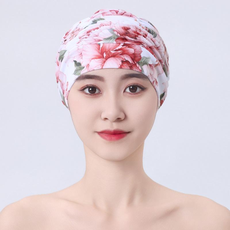 Damen Bunte Bedruckte Bandana Schwimmkappe Wasserdichtes Elastisches Material Langhaarfreundlich Schwimmen am Meer Strandzubehör