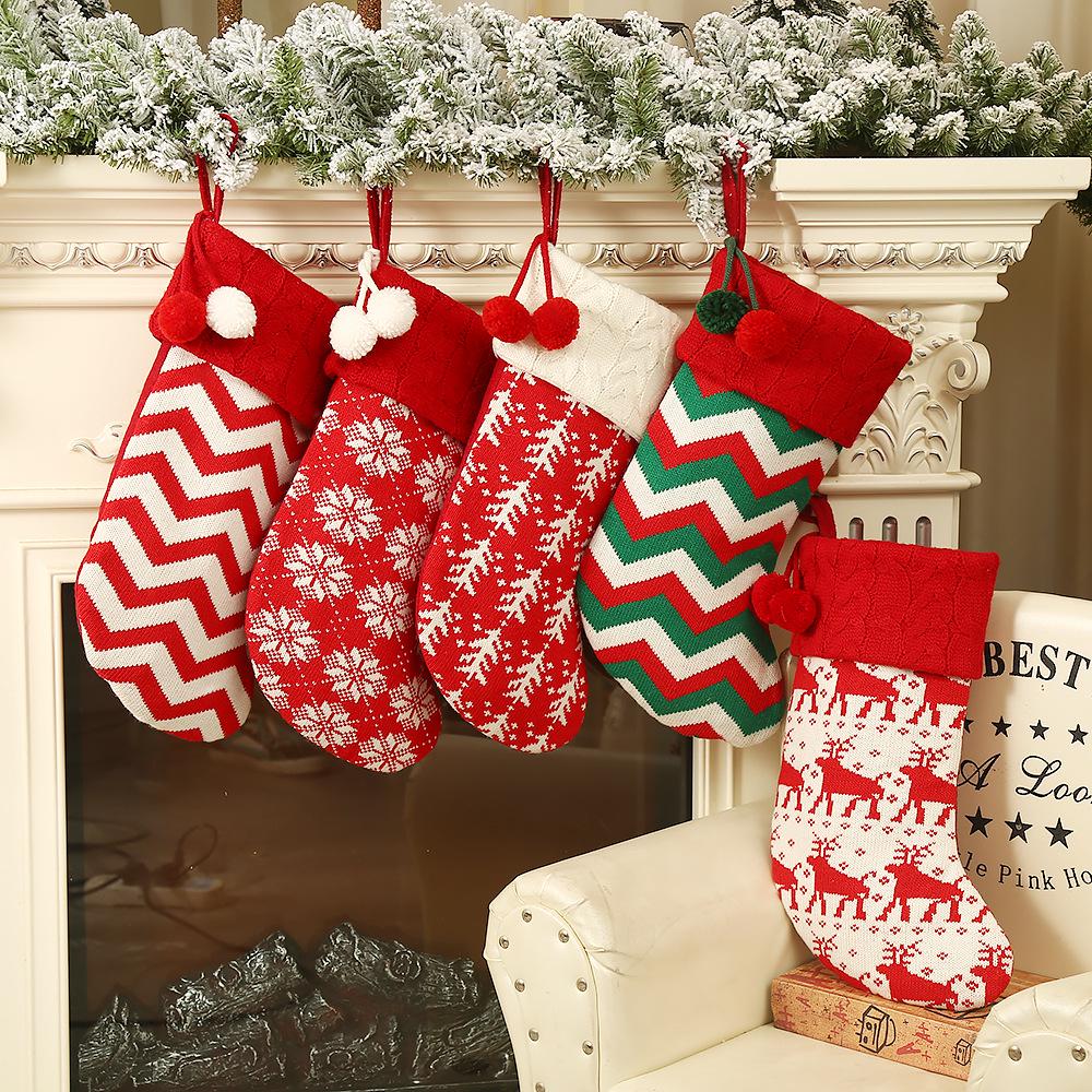Knitted Wool Christmas Stocking - Tree Ornaments & Gift Bags for Children's Holiday Gifts & Candy