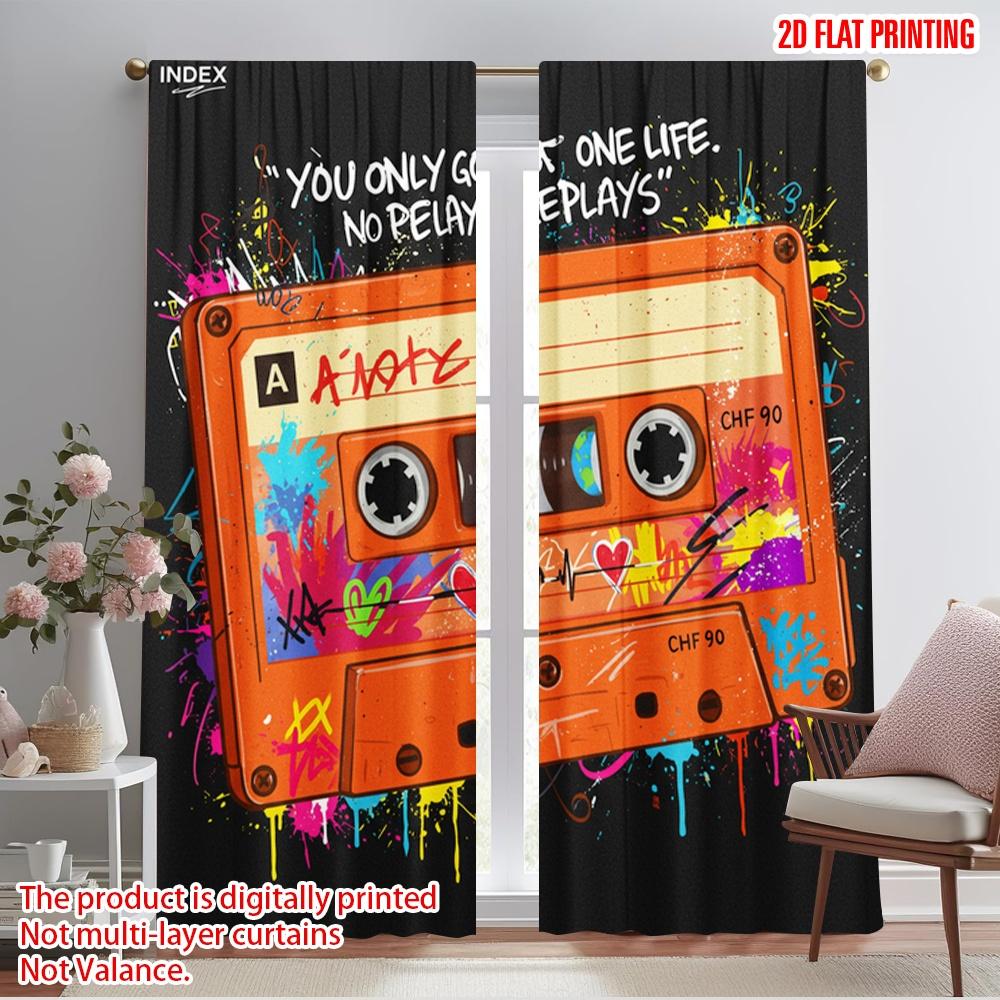 

2pcs 2D flat printing Scene Curtain Vintage Cassette Graphic Polyester Without Electricity Birthday Party Perfect for Yard & 52.50×116.00 CM 2pcs