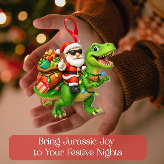 Santa Riding Dinosaur Ornament Funny Santa Claus Acrylic Hanging Decoration Novelty Dino Christmas Tree Ornament for Kids Boys Men