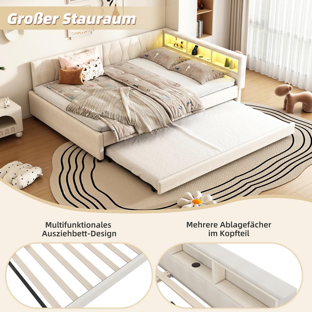 Daybed, 140x200cm, Storage Compartment on Bed, USB+Type C, With LED Light Strip, Pull-out Bed, Slatted Frame (without Mattress), Linen, Beige