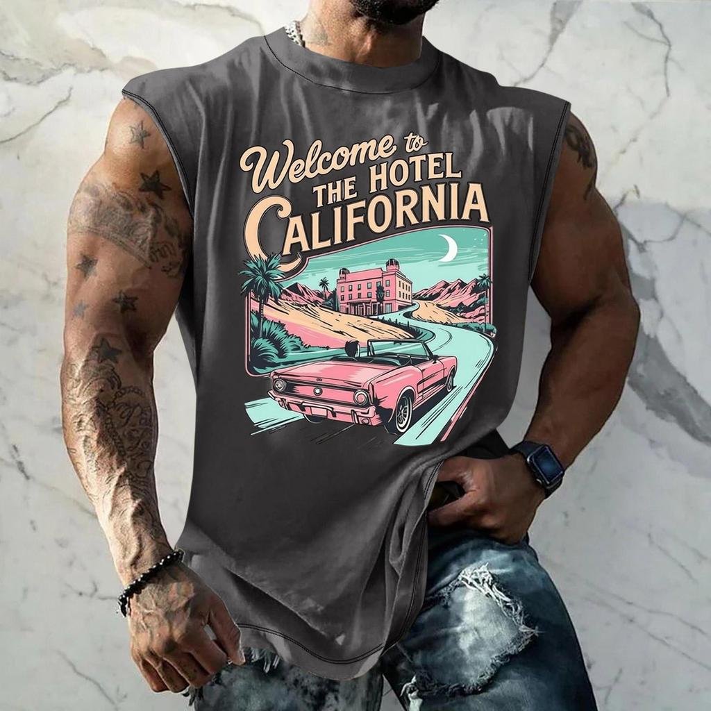 Men Sleeveless Tank Top Loose Fit Breathable Muscle Shirt Vintage Graphic Print Casual Streetwear Summer Sportswear