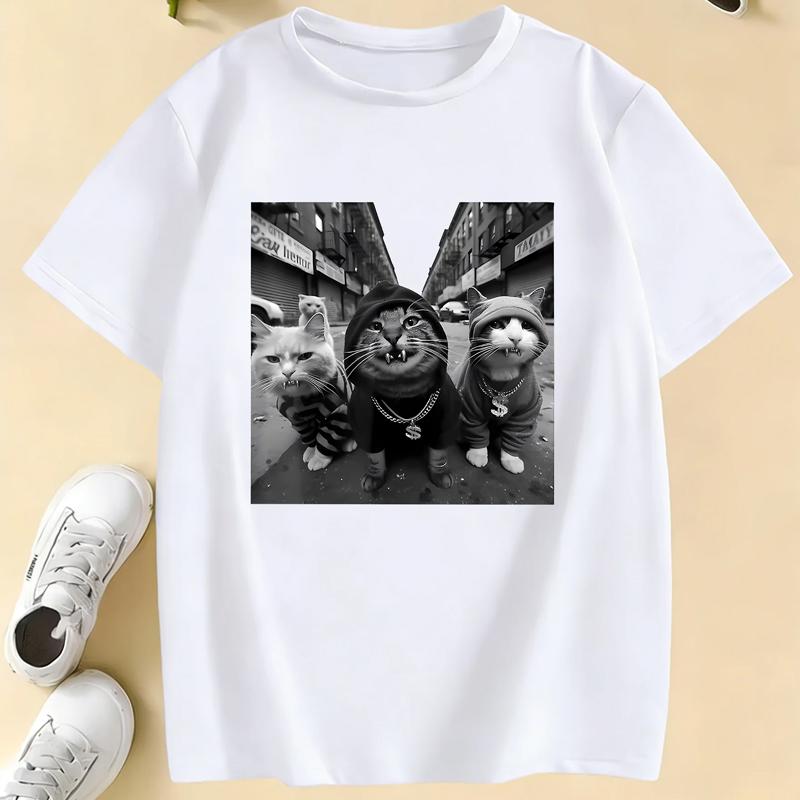 

2026 Streetwear Hip Hop Cat Cartoon Design Print T Shirts Kids Children s T-shirt Casual Boys Girls Summer Spring Casual Top Tee XS белый