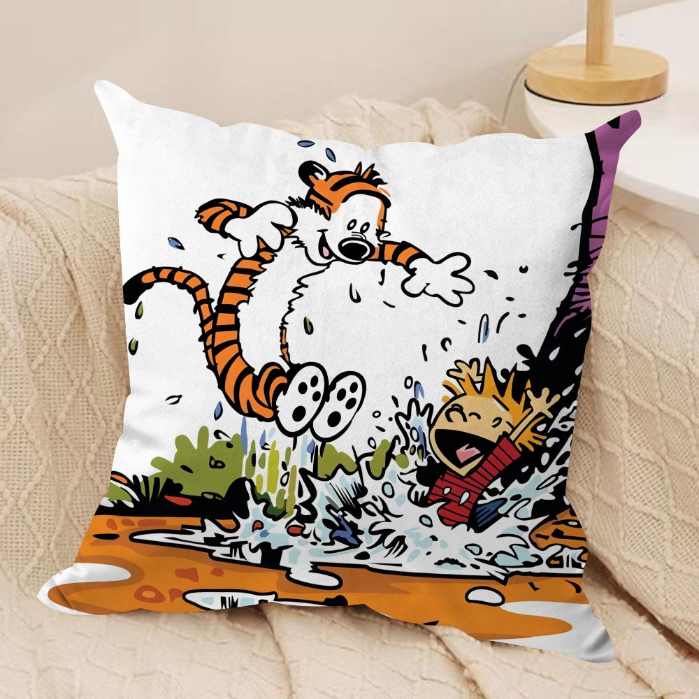 Cartoon CCalvin Hobbes Cute Cushion Cover Silky Short Plush Invisible Zipper Dustproof Sofa Pillow Case For Home Decor