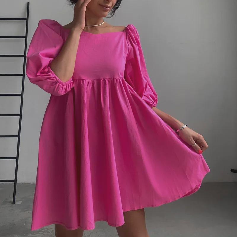 Miniabito a maniche a sbuffo monocolore: Monospalla con Scollo Quadrato e Sette Colori Primavera/Estate