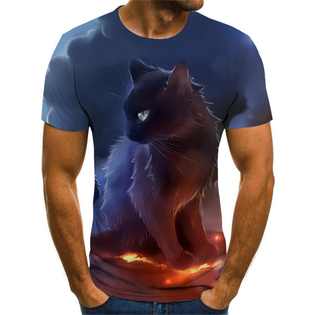 Summer Round Neck 3D Funny Cat Pattern Print Top Fashionable Casual Short Sleeved Men's T-shirts