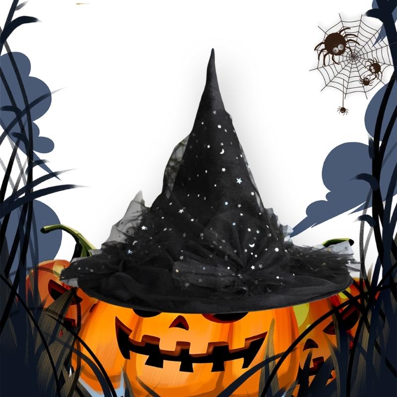 Halloween Party Tulle Sequins Witch Hats Party Wide Brimmed Pointed Hat Accessory Unique Witch Hat Conjurer Hat