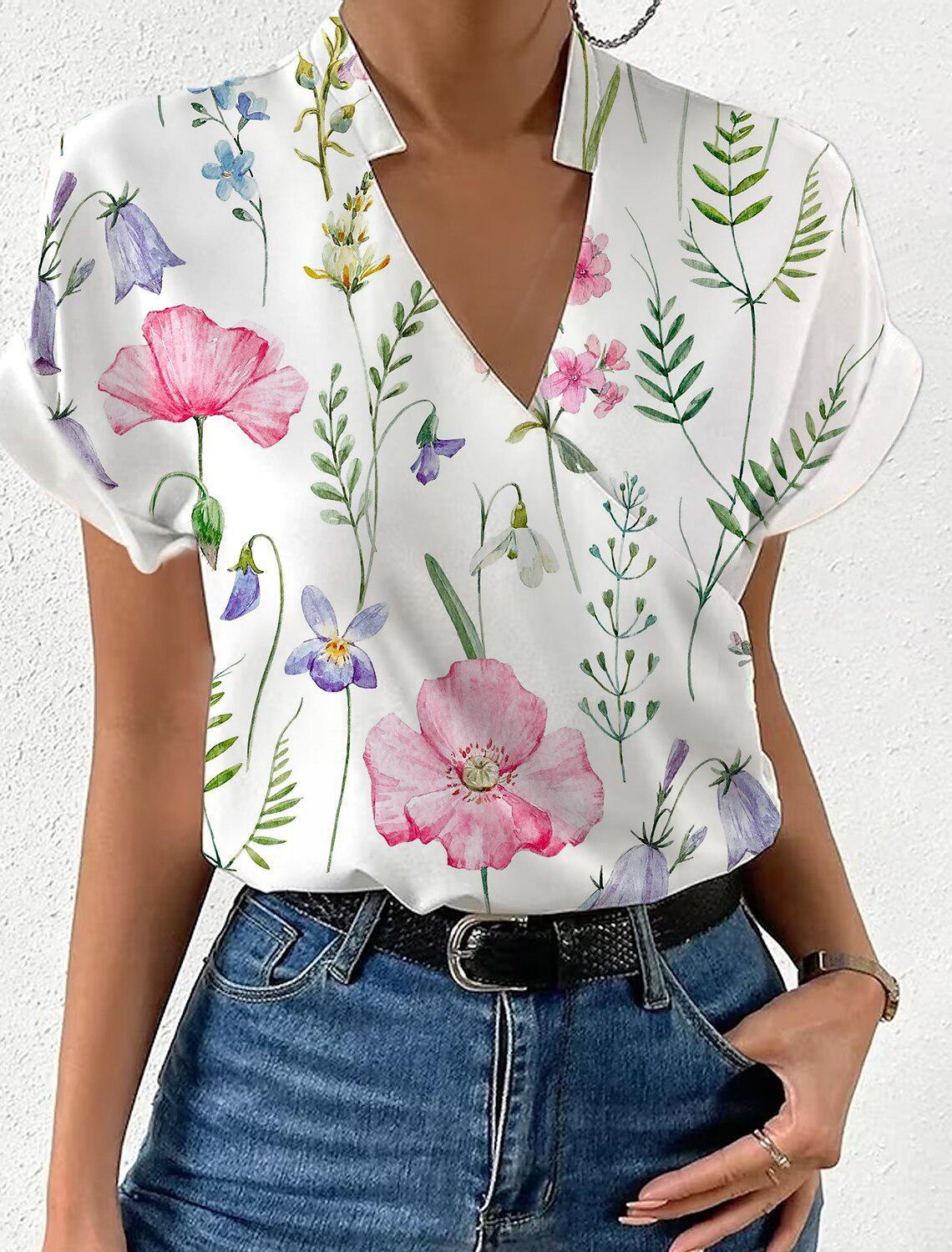 2026 Bestseller Summer Loose V-Neck Stand-up Collar Printed Women s Blouse Extra Extra Large
