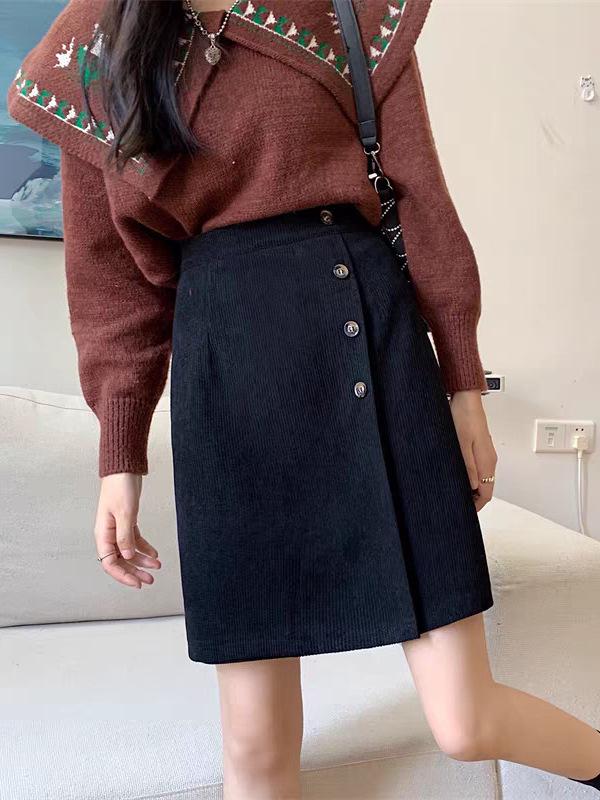 Korean Style Slimming Corduroy A-Line Skirt with Elastic Waist and Single-Breasted Design for Autumn/Winter