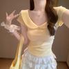 Pure Desire Wind Milk Yellow Doll Collar Short-sleeved T-shirt Women's Summer Slim-fit Short-sleeved Small Front Shoulder Top Ins