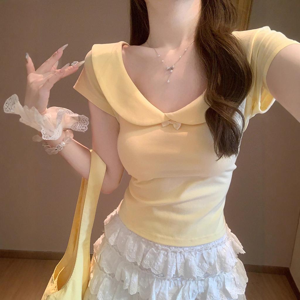 Pure Desire Wind Milk Yellow Doll Collar Short-sleeved T-shirt Women's Summer Slim-fit Short-sleeved Small Front Shoulder Top Ins