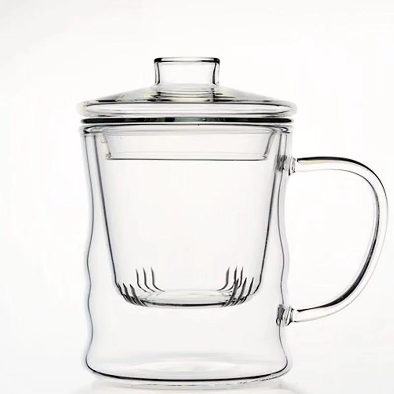 Утолщенная термостойкая стеклянная чашка для чая с ручкой, стеклянная трехкомпонентная бытовая чашка для воды, термостойкая с крышкой, бамбуковый узел 301-400ml