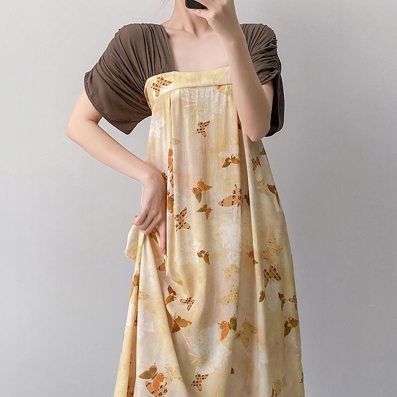 Women's nightgown thin short-sleeved printing light luxury simple breathable casual loungewear long skirt can be worn outside