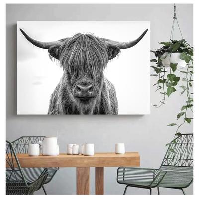 Animali selvatici Dipinti su tela Poster e stampe Cuadros Immagine di arte della parete per la decorazione del soggiorno Mucca Yak Highland in bianco e nero