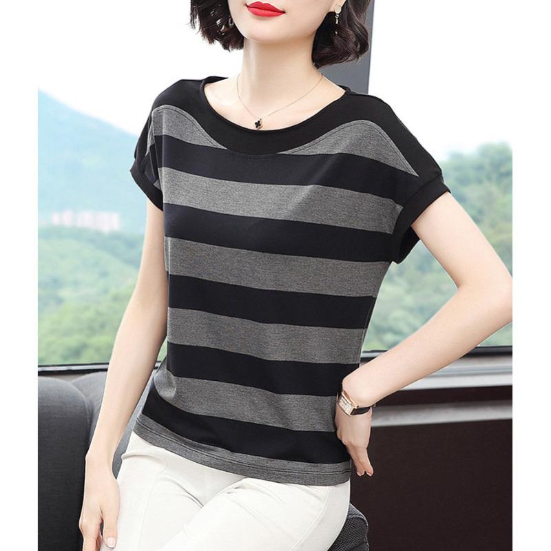 Loose Women Summer Shirt T Stripes Printing Round Collar Short Sleeve Tops