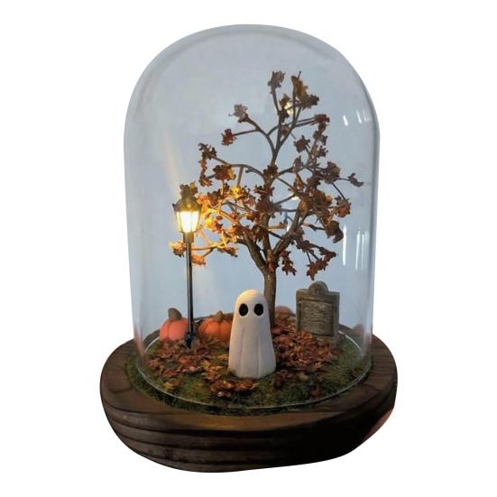 

Halloween Ghost Pumpkin Lantern Lighted Glass Dome Cloche Horror Desktop Ornament B