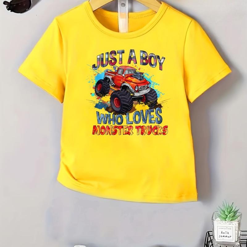 JUST A BOY WHO LOVES MONSTER TRUCKS" Truck Print Cool and Stylish T-Shirt