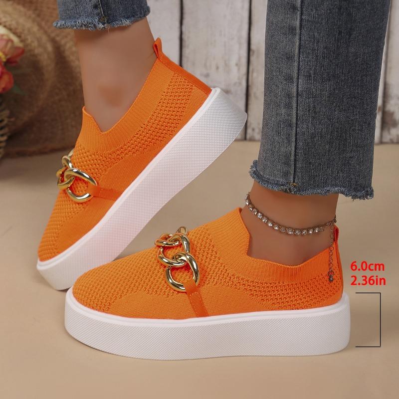 Stora storlekar tjocksulade flugvävda låga enkelskor dam vår och höst nya kedjedekorativa fotöverdrag damskor