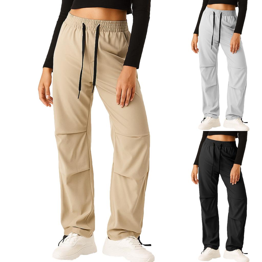 Ladies' Fashion Solid Color High Waist Pocket Drawstring Pants