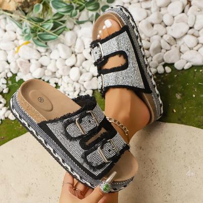Damen Sandalen mit breiter Weite und Fransen, Plateau-Sandalen mit Doppelschnalle, Sommer-Slipper mit Strass für Damen