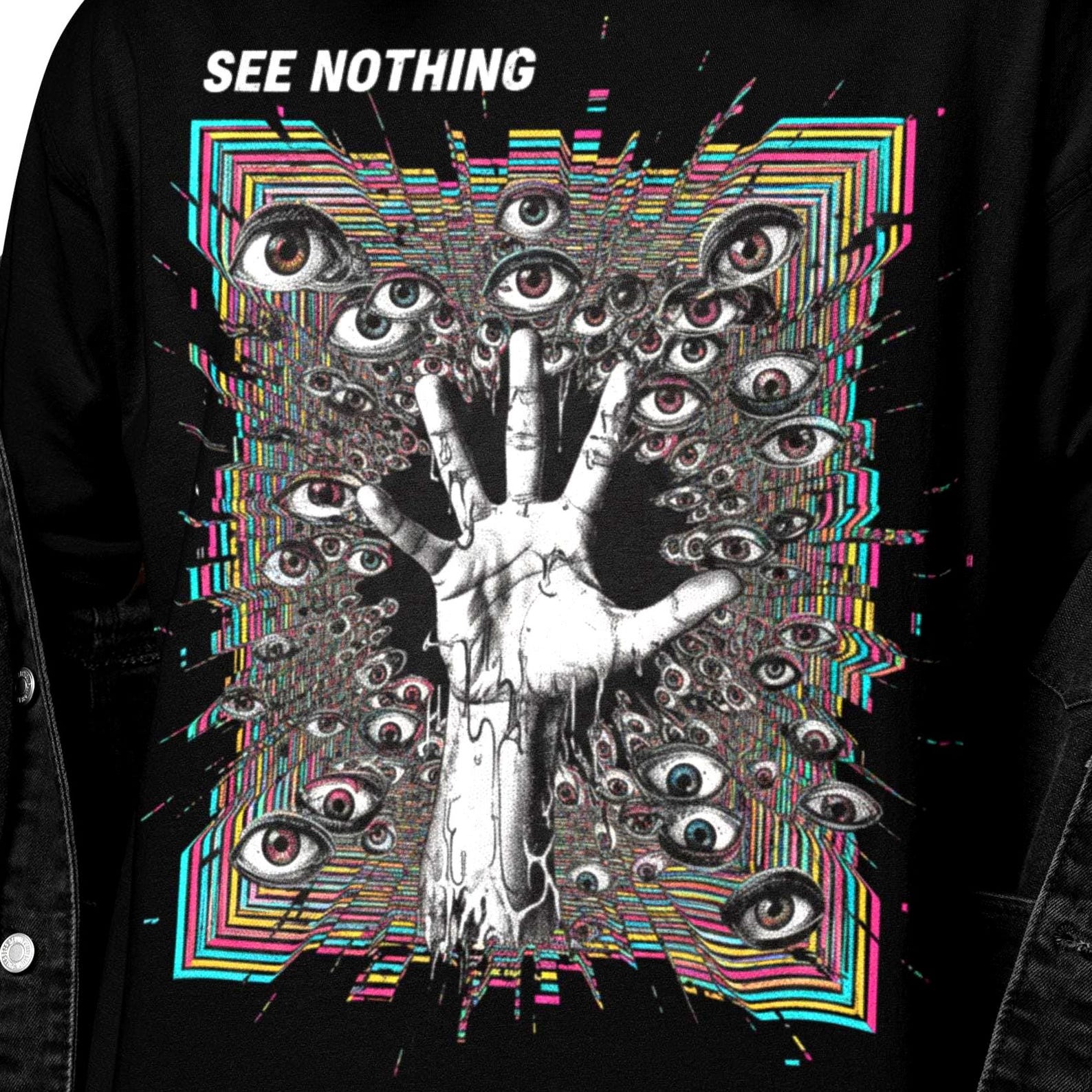 See Nothing Psychedelic Shirt | Trippy Eye Hand Graphic Tee | Surreal Weirdcore Vision T-Shirt | Abstract Psychedelic Art L