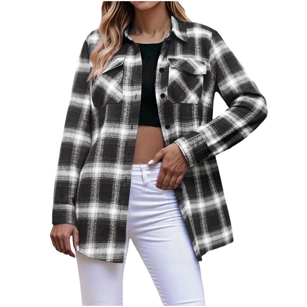 Women's Fashion Long-Sleeve Button-Down Plaid Shirt With Pockets