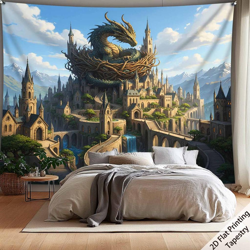 Dragon and Castle Scenery Digital Printing Polyester Wall Tapestry Suitable for Use In Living Rooms Bedrooms Offices Bars Party