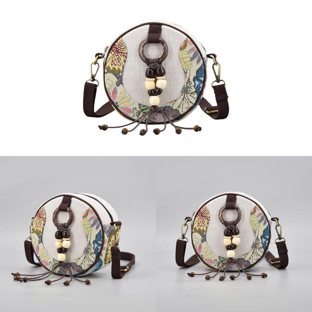 Vintage Ethnic Style Handcrafted Canvas Small Round Bag With Tassels For Daily Use