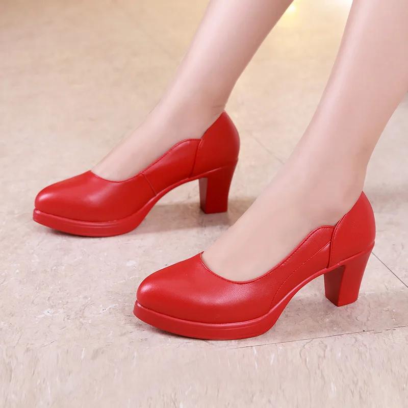 5cm 8cm Small Size 32-43 White Wedding Shoes Women Pumps 2025 Shallow Block High Heels Shoes Soft Leather Office Mom Model Court