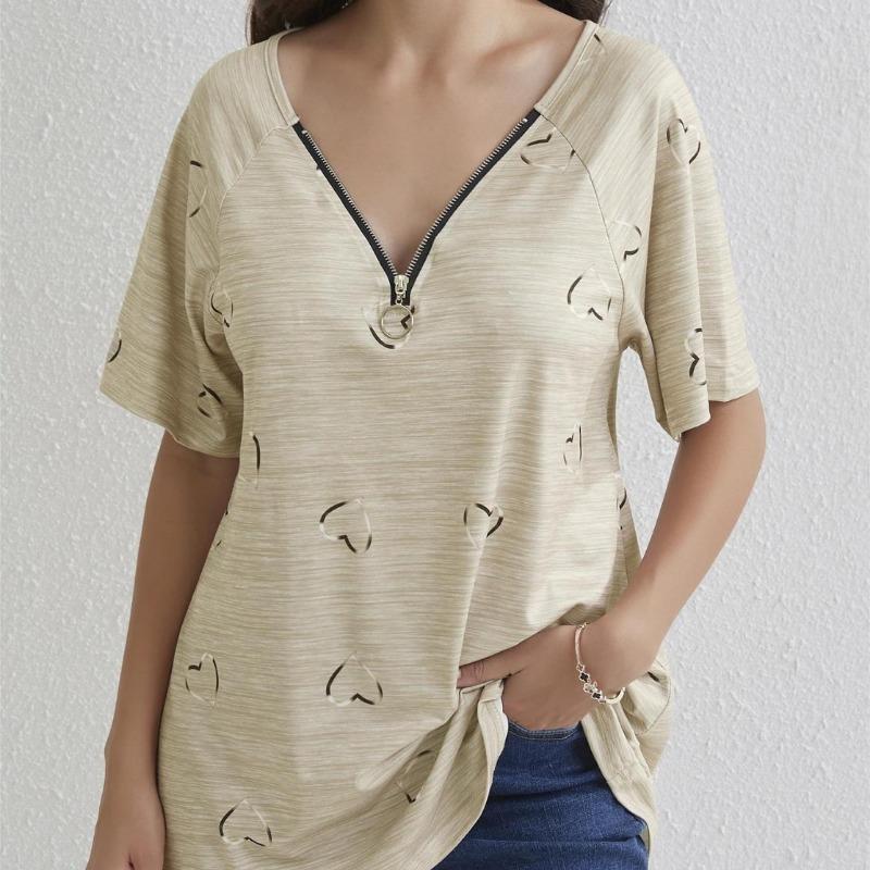 Spring Summer New Zipper Short Sleeve Shirt Women Tops Casual Love Print Pullover T-shirt Woman Fashion Elegant Loose Lady Blouse 24145