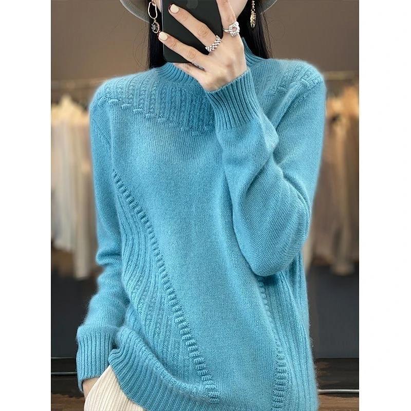 Damesemi-høy hals tykk ensfarget genser pullover avslappet løs og slankende strikket genser