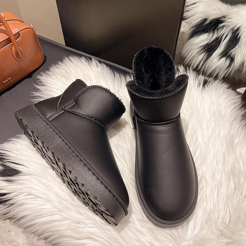 Large Size Winter New Women's Thick-soled Snow Boots Short Tube Piled and Thickened Waterproof Leather Thermal Cotton Boots