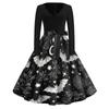 Women's Vintage V Neck Dress Halloween Print Long Sleeve Casual Retro Style Dress with Flared Skirt and Waist Tie for Seasonal Wear