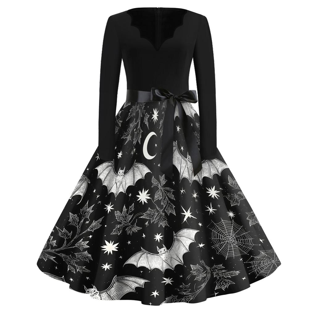 Women's Vintage V Neck Dress Halloween Print Long Sleeve Casual Retro Style Dress with Flared Skirt and Waist Tie for Seasonal Wear