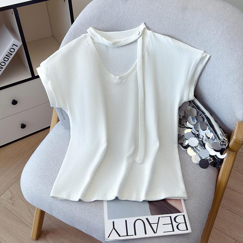 2026 Summer White Hollow Out Ribbon Short Sleeve Casual Round Neck Batwing T-shirt for Women XL
