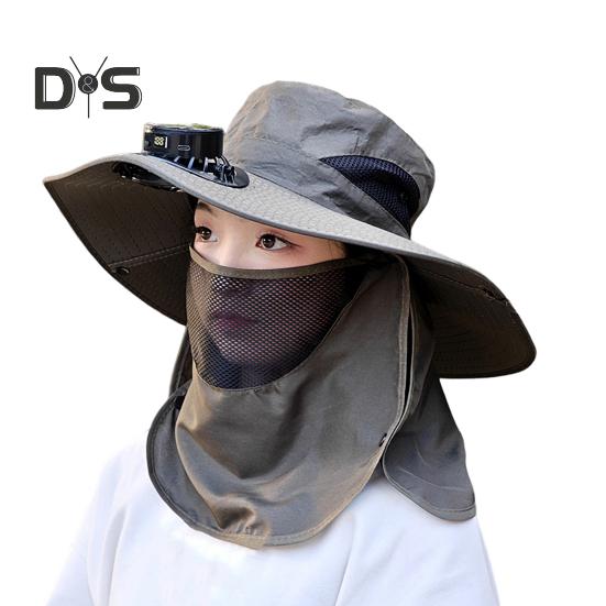 Solar-Ventilator-Hut mit Gesichtsschutz, Nackenklappe, LSF 50+, UV-Schutz, Hut mit Solar-Ventilator, wiederaufladbar über USB, atmungsaktiv, für Herren, Sommer, Outdoor, Angeln, breite Krempe