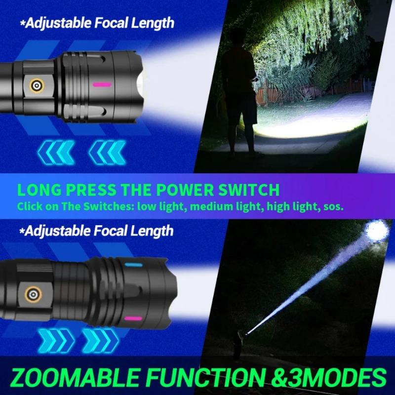 1/2PCS High Power Long Range LED Flashlight Zoomable Type-C Rechargeable Tactical Handheld Light for Outdoor Camping Fishing