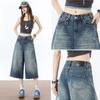 Trendy Summer High Waist Slim Vintage Blue Wide Leg Denim Cropped Capri Pants Loose Straight Versatile Slimming Daily Wear