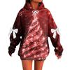 Ladies' Christmas Printed Bow Long Sleeved Loose Fitting Headband With Rope Hooded Sweatshirt Top