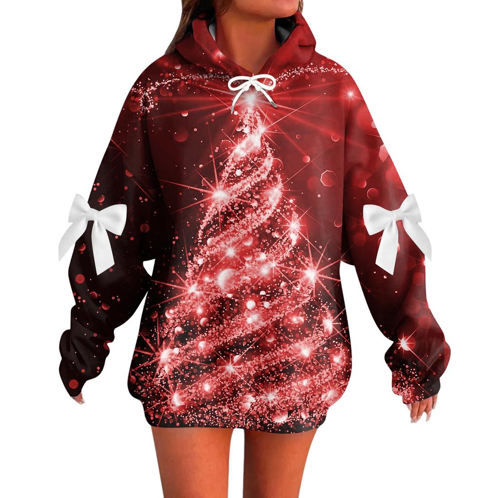 Ladies' Christmas Printed Bow Long Sleeved Loose Fitting Headband With Rope Hooded Sweatshirt Top