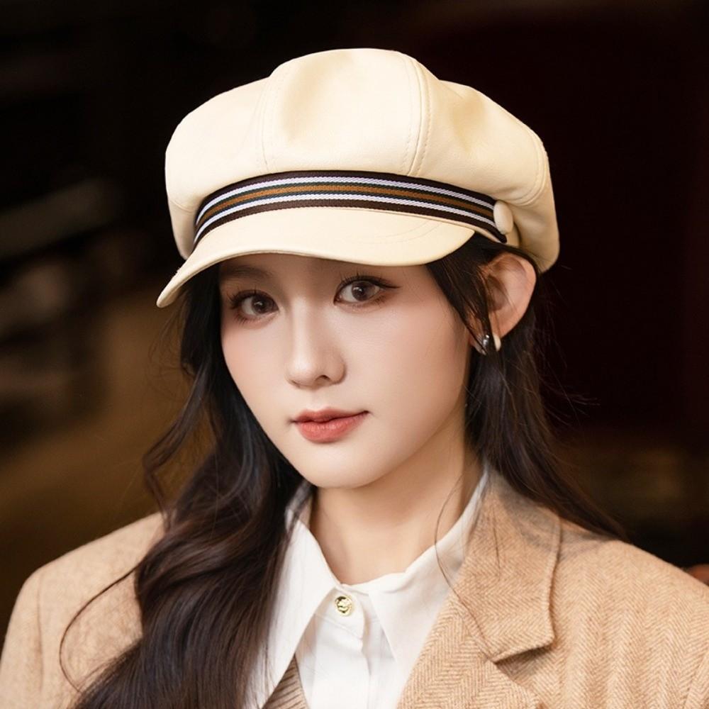 Windproof Octagonal Hat Warm Painter Hat Personality Pu Leather Beret  Autumn