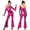Womens Metallic Shiny Disco Flare Jumpsuit Sequin Tassels One Shoulder Long Sleeve Bell Bottoms Bodysuit
