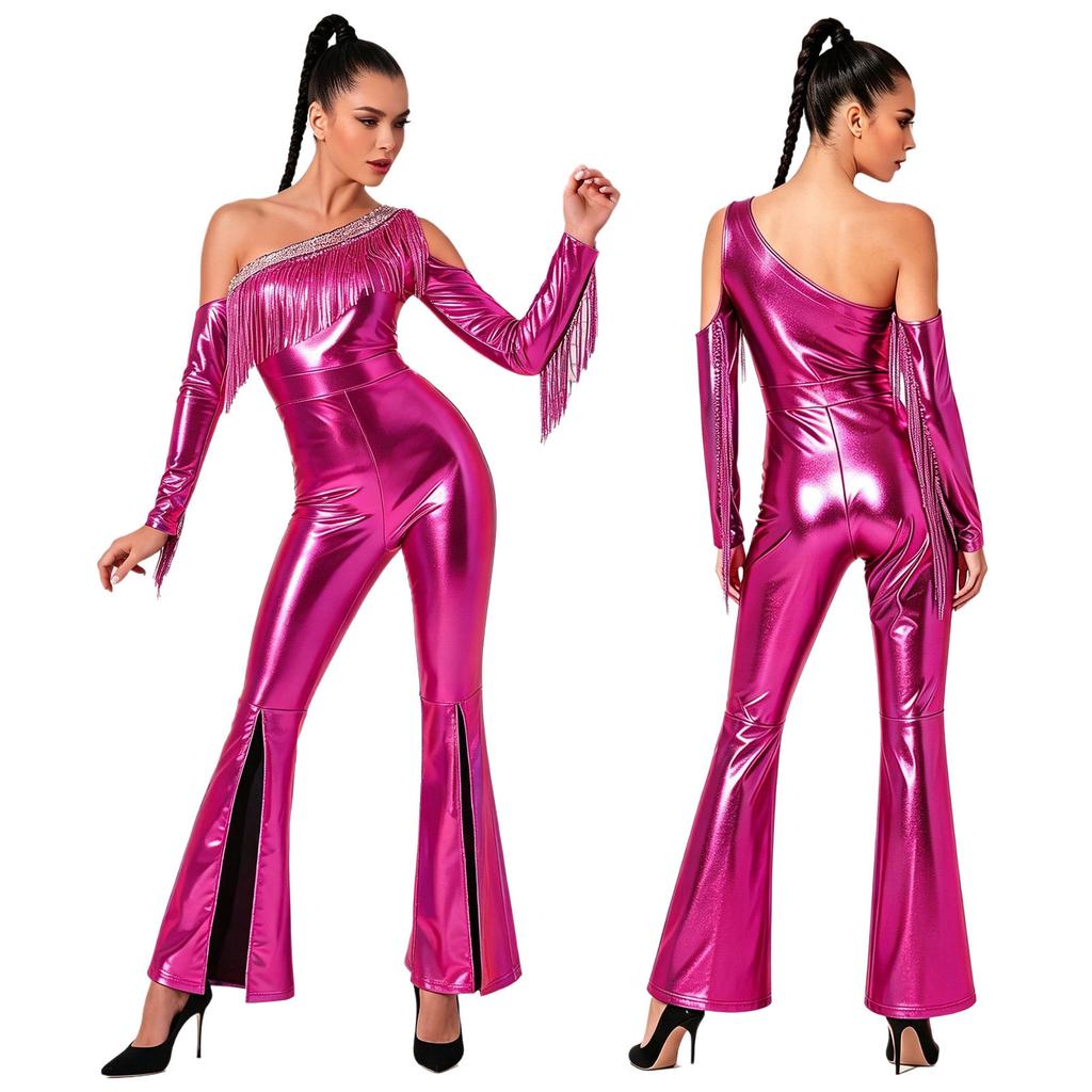 Womens Metallic Shiny Disco Flare Jumpsuit Sequin Tassels One Shoulder Long Sleeve Bell Bottoms Bodysuit