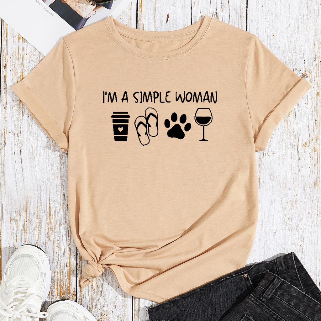 Simplified Letter Printing Cotton T-Shirt Short Sleeve Round Neck Women 2d Print Tops